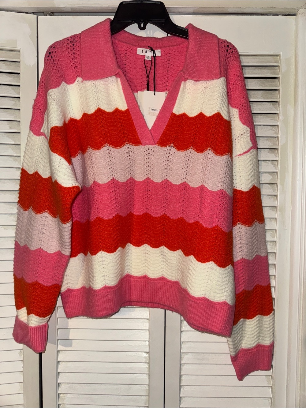 THML Pink, Red & Cream Striped V-Neck Sweater